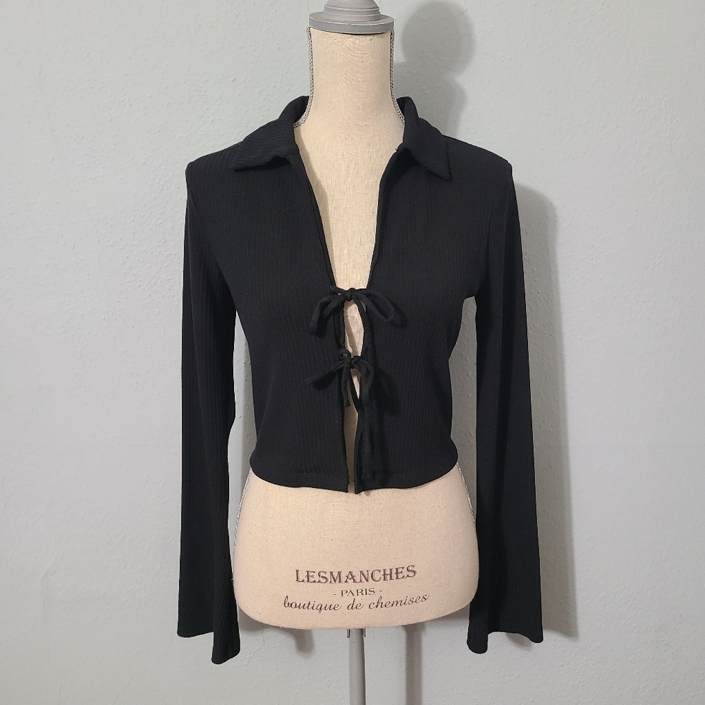 Frame Bell Sleeve Rib Polo Black Long‎ Sleeve Tie-Front Top Size Small